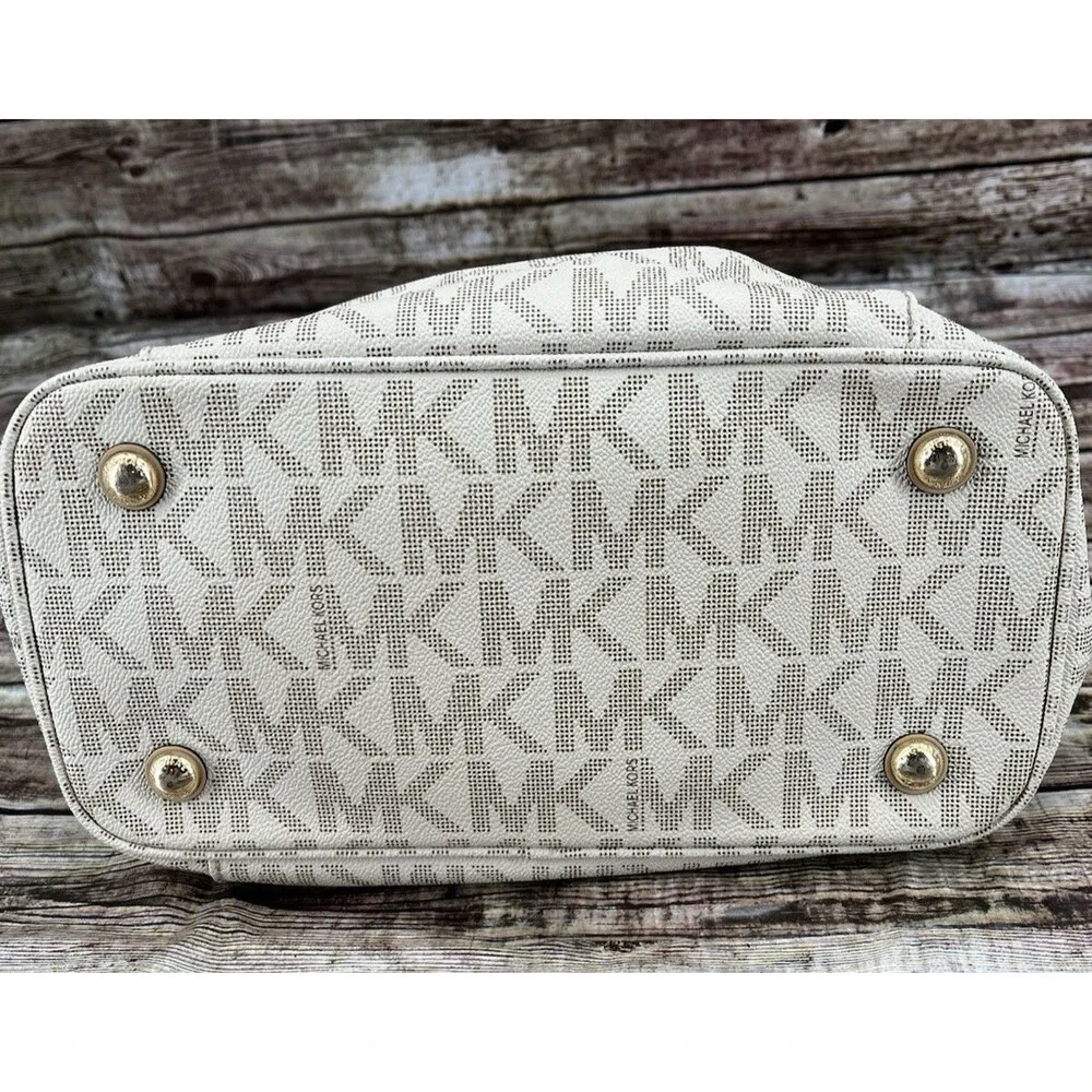 Michael Kors Large Jet Set Monogram Tote Cream & Tan Canvas Leather Shoulder Bag